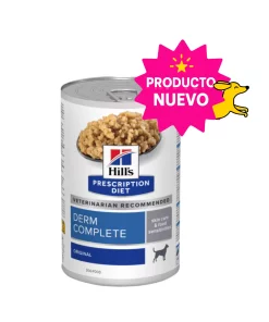 1 Lata Hill's Prescription Diet Alimento Húmedo para perro, Derm Complete Rice & Egg Recipe Canned Dog Food, 370g